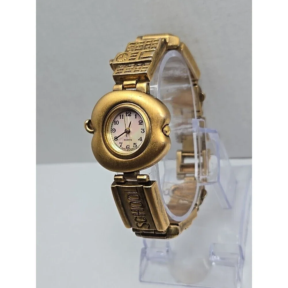 Teacher Apple Bracelet Watch Schoolhouse Charm Gold Tone Quartz New Battery Cute